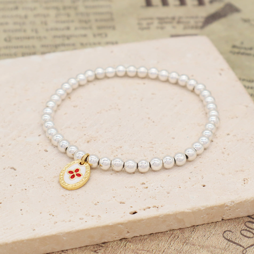 OEM Handmade Diy Wholesale Custom Women Gift Enamel Oval Star Flower Cross Charm Silver Plated 4mm Natural Stone Beads Bracelets