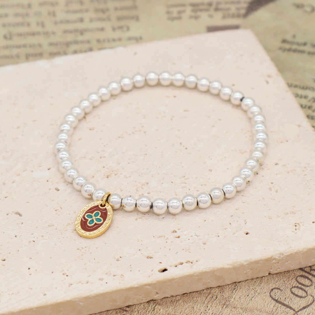 OEM Handmade Diy Wholesale Custom Women Gift Enamel Oval Star Flower Cross Charm Silver Plated 4mm Natural Stone Beads Bracelets