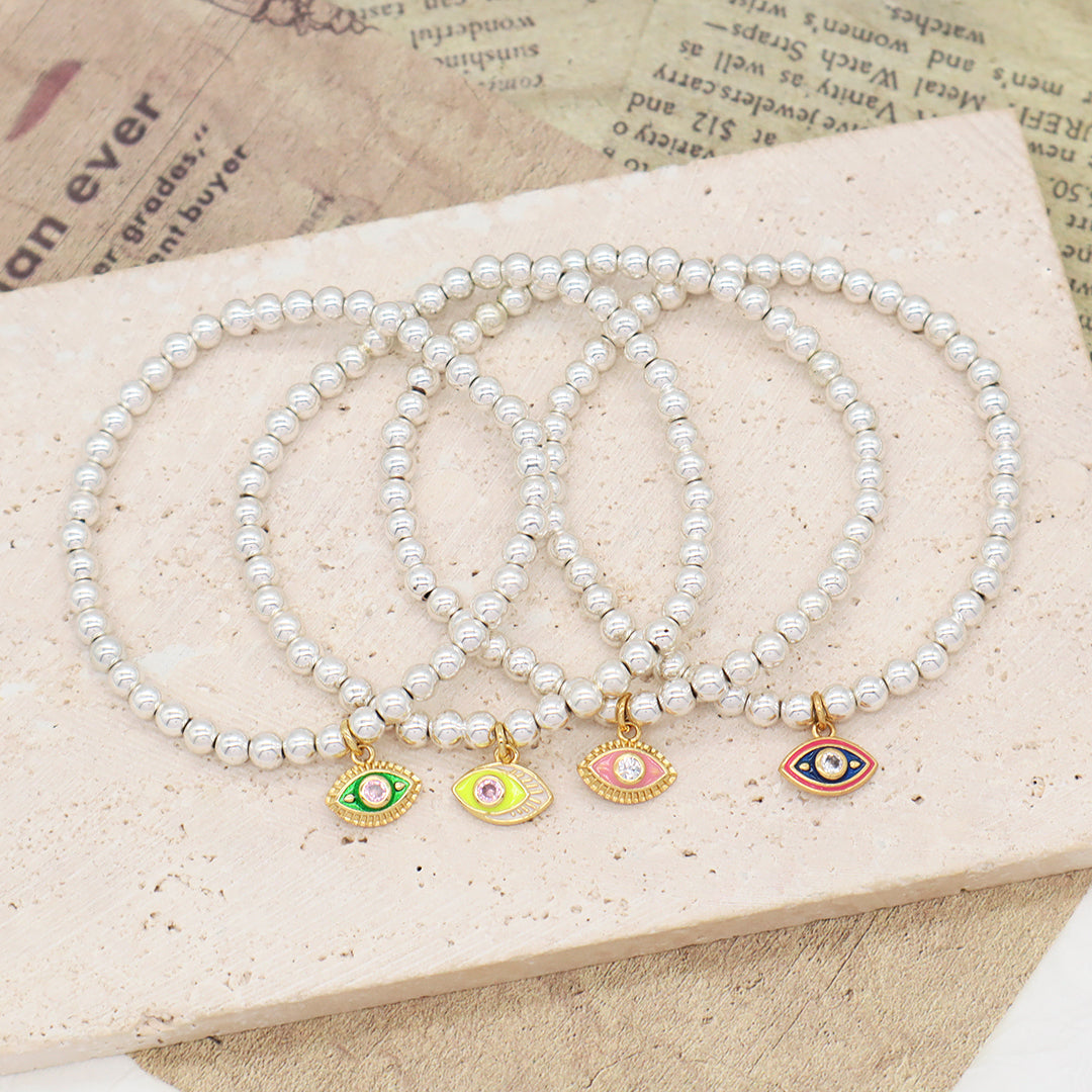 Customized Diy Wholesale Women Gift OEM Handmade Silver Plated 4mm Natural Stone Beads CZ Turkish Evil Eyes Charm Bracelets