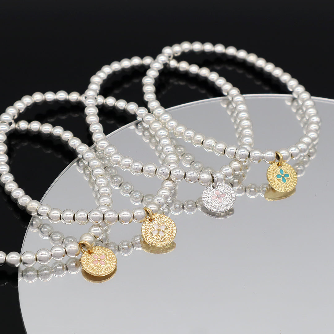 Best Selling Round Enamel Flower Charm OEM Handmade Diy Wholesale Custom Women Silver Plated 4mm Natural Stone Beads Bracelets