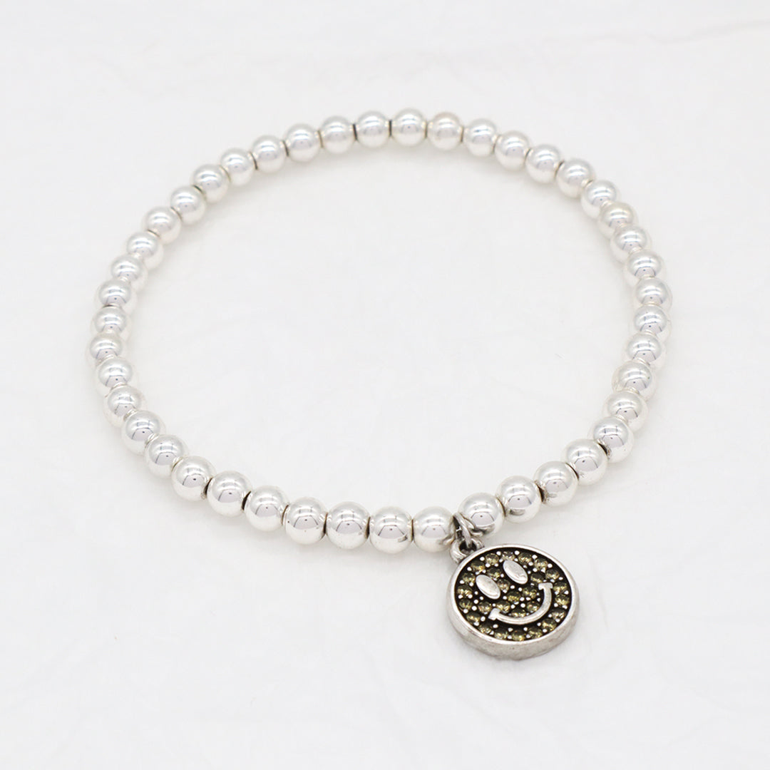 New Bulk Sale Custom Women OEM Diy Handmade Silver Plated 4mm Natural Stone Beaded CZ Smiley Face Charm Bracelets For Gift