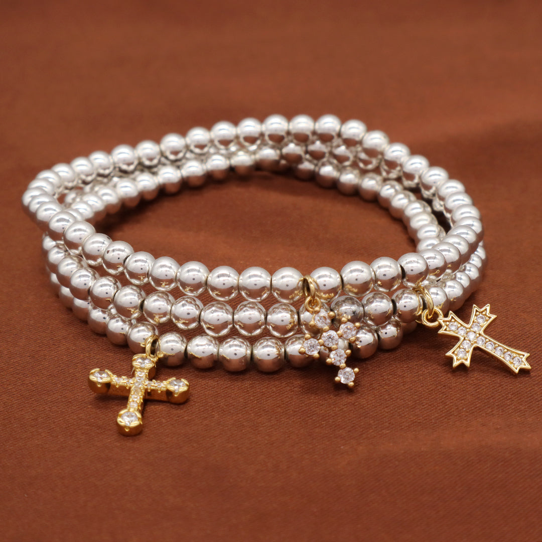 Wholesale Customized OEM Diy Handmade CZ Cross Charm Silver Plated 4mm Natural Stone Cross Beads Bracelets For Women Girl Gift