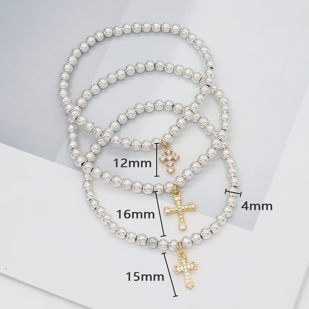 Wholesale Customized OEM Diy Handmade CZ Cross Charm Silver Plated 4mm Natural Stone Cross Beads Bracelets For Women Girl Gift