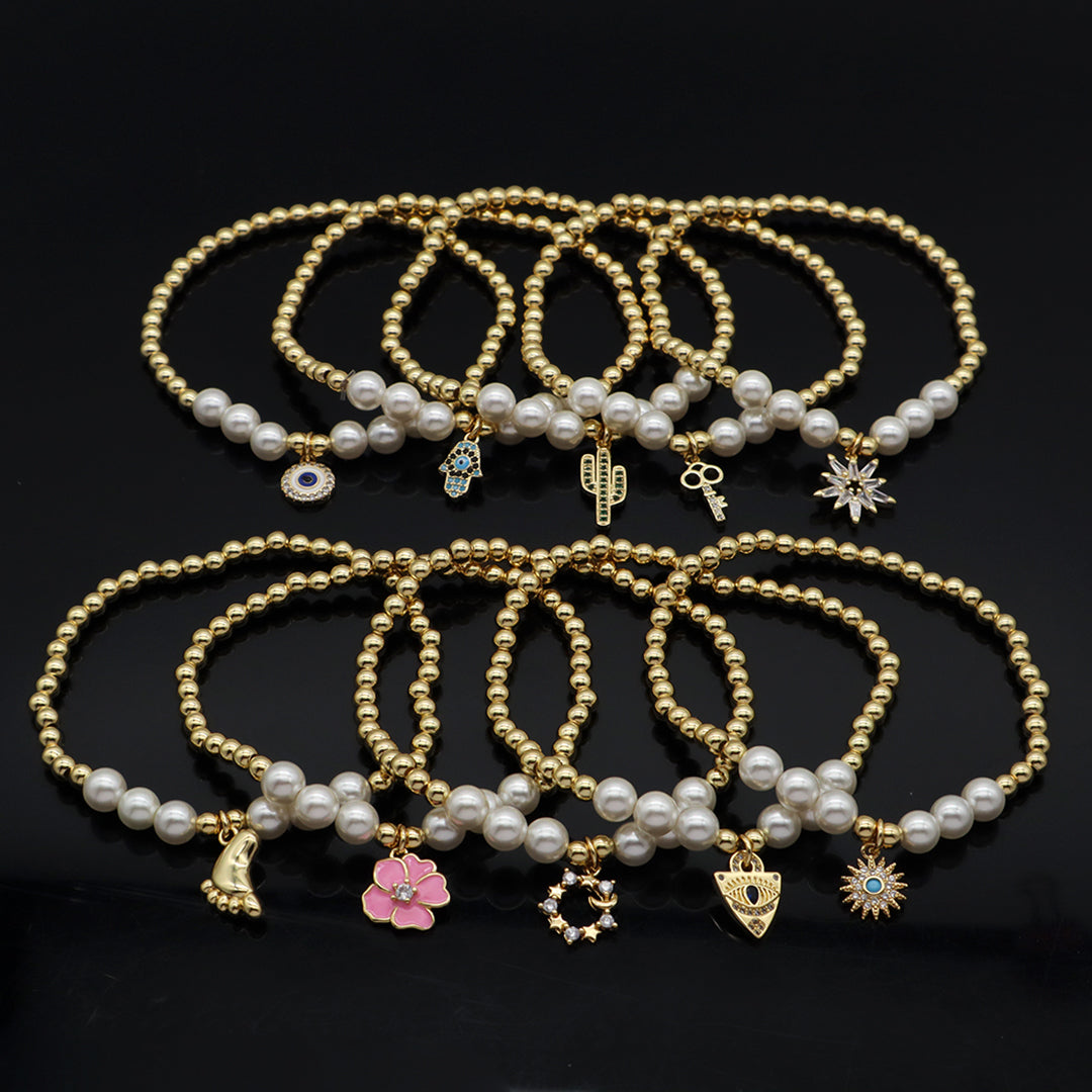 Custom Women Gift Pearl Gold Plated 4mm Beads CZ Enamel Sole Flower Sun Key Snowflake Cactus Hamsa Hand Evil Eyes Charm bracelet
