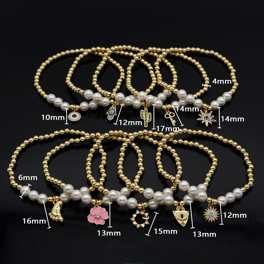 Custom Women Gift Pearl Gold Plated 4mm Beads CZ Enamel Sole Flower Sun Key Snowflake Cactus Hamsa Hand Evil Eyes Charm bracelet