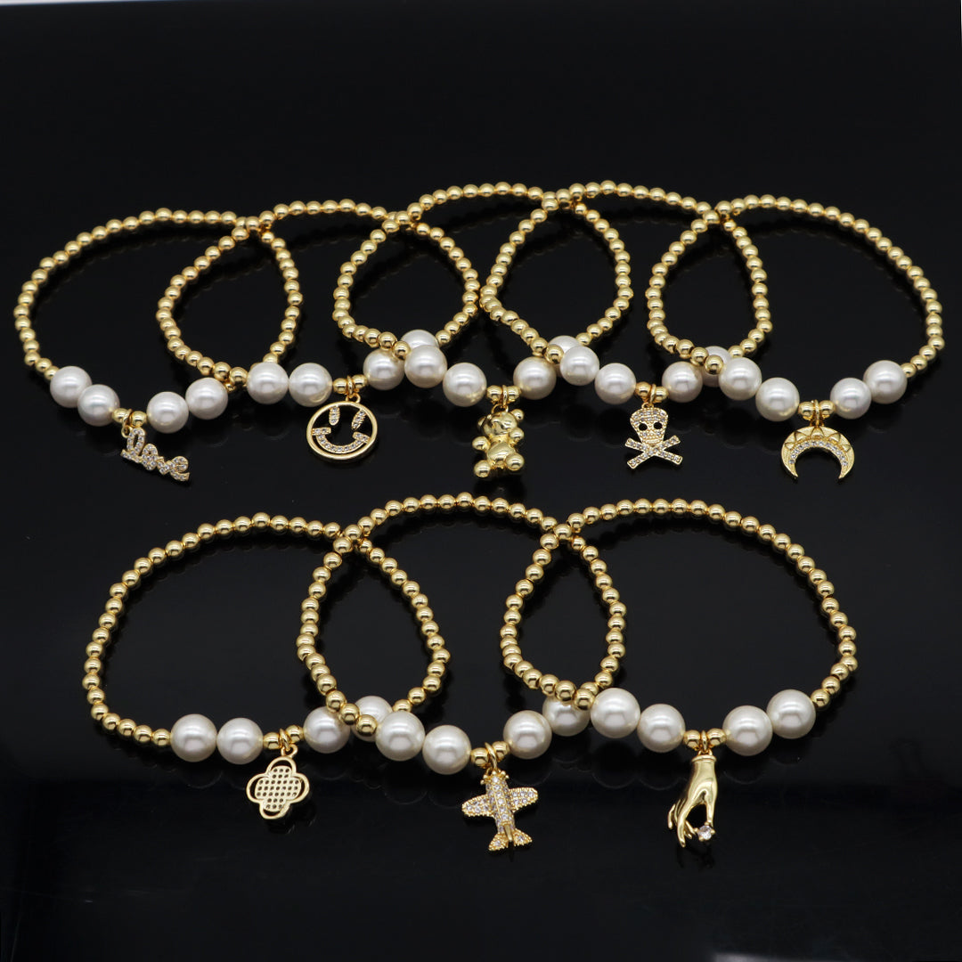 Customized Women Gift Handmade Pearl Gold Plated 4mm Beaded CZ Smiley Face Hand Bear Moon Love Flower Plane Skull Charm bracelet