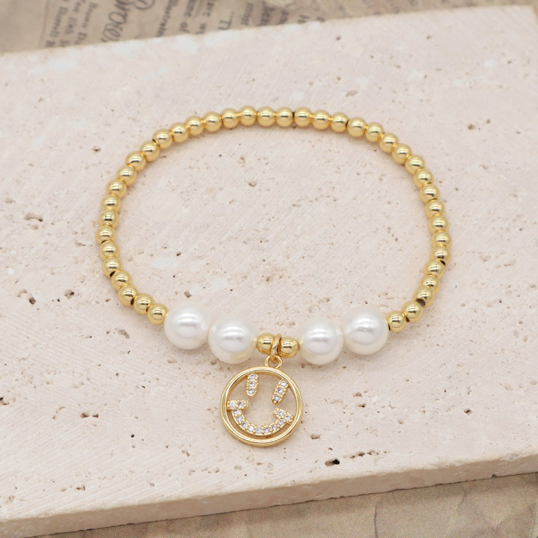 Customized Women Gift Handmade Pearl Gold Plated 4mm Beaded CZ Smiley Face Hand Bear Moon Love Flower Plane Skull Charm bracelet