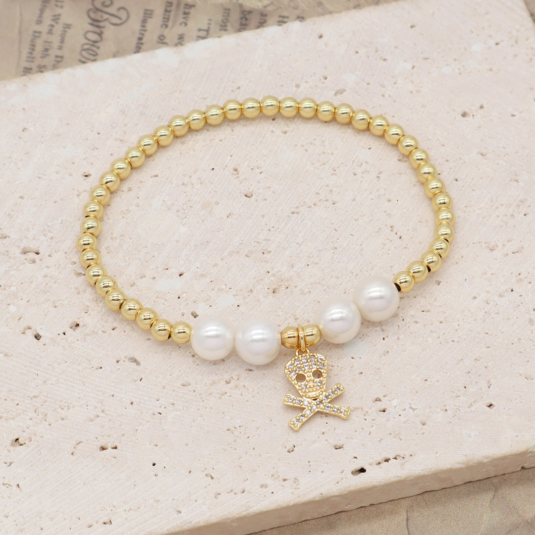 Customized Women Gift Handmade Pearl Gold Plated 4mm Beaded CZ Smiley Face Hand Bear Moon Love Flower Plane Skull Charm bracelet