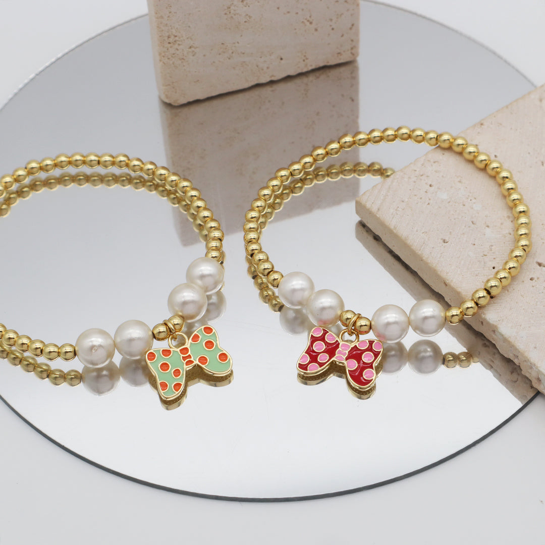 Custom Handmade 8mm Pearl Cute Red Green Spots Bowknot Charm Gold Plated 4mm Beaded Enamel bowknot bracelet For Women Girl Gift