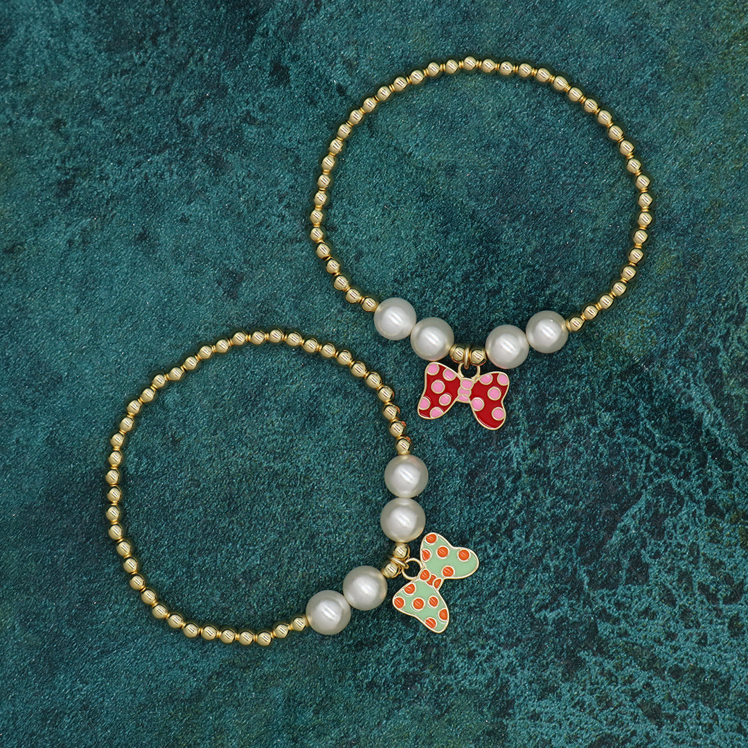 Custom Handmade 8mm Pearl Cute Red Green Spots Bowknot Charm Gold Plated 4mm Beaded Enamel bowknot bracelet For Women Girl Gift