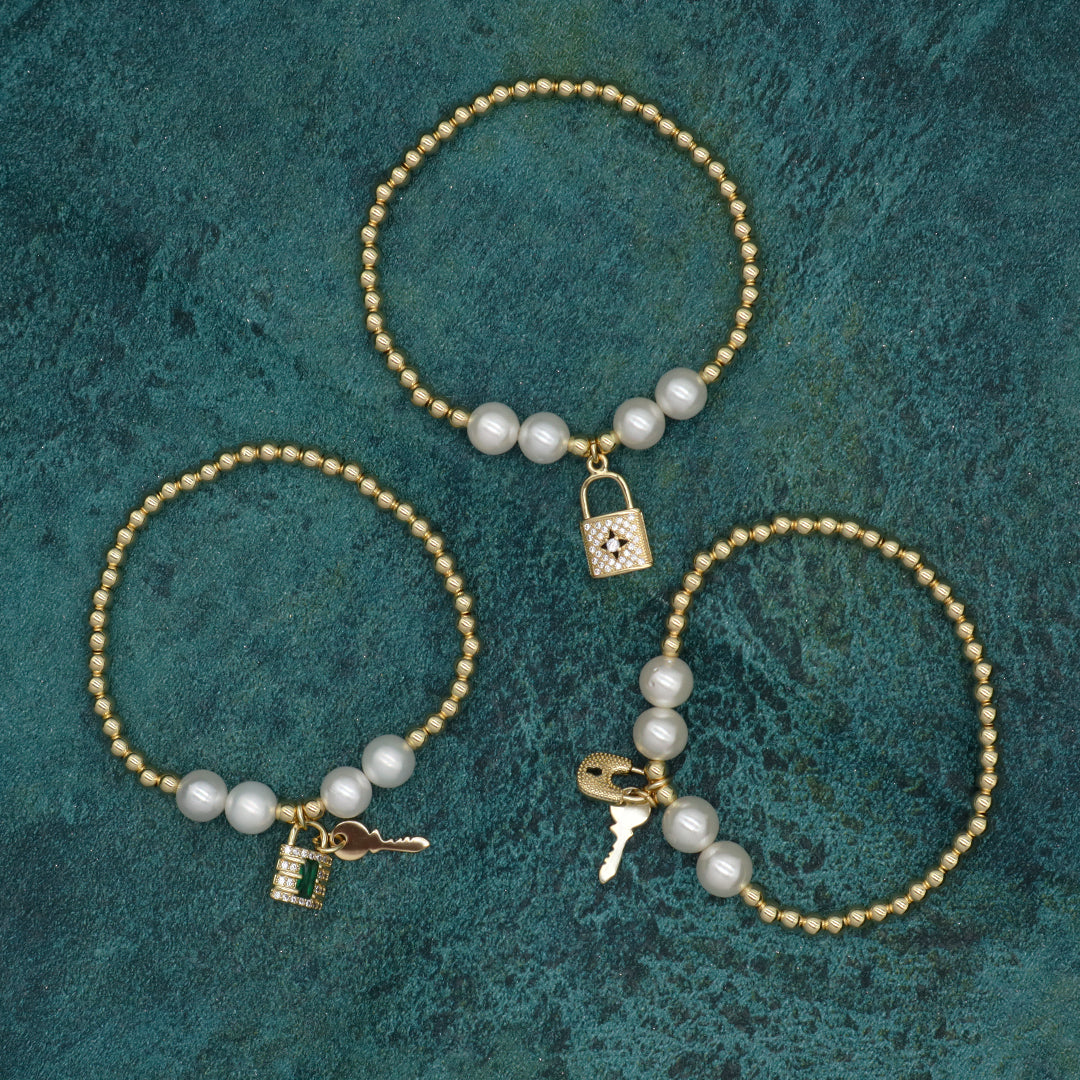 OEM Manufacture Custom Women Gift Handmade 8mm Pearl Mirco Pave CZ Gold Plated 4mm Brass Beads Lock Key Charm Beaded Bracelet