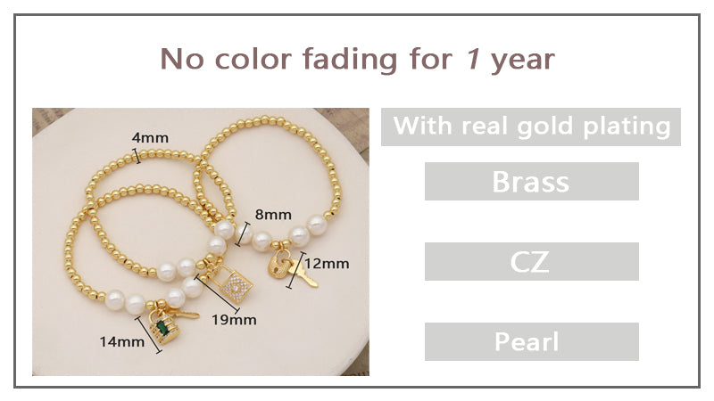 OEM Manufacture Custom Women Gift Handmade 8mm Pearl Mirco Pave CZ Gold Plated 4mm Brass Beads Lock Key Charm Beaded Bracelet