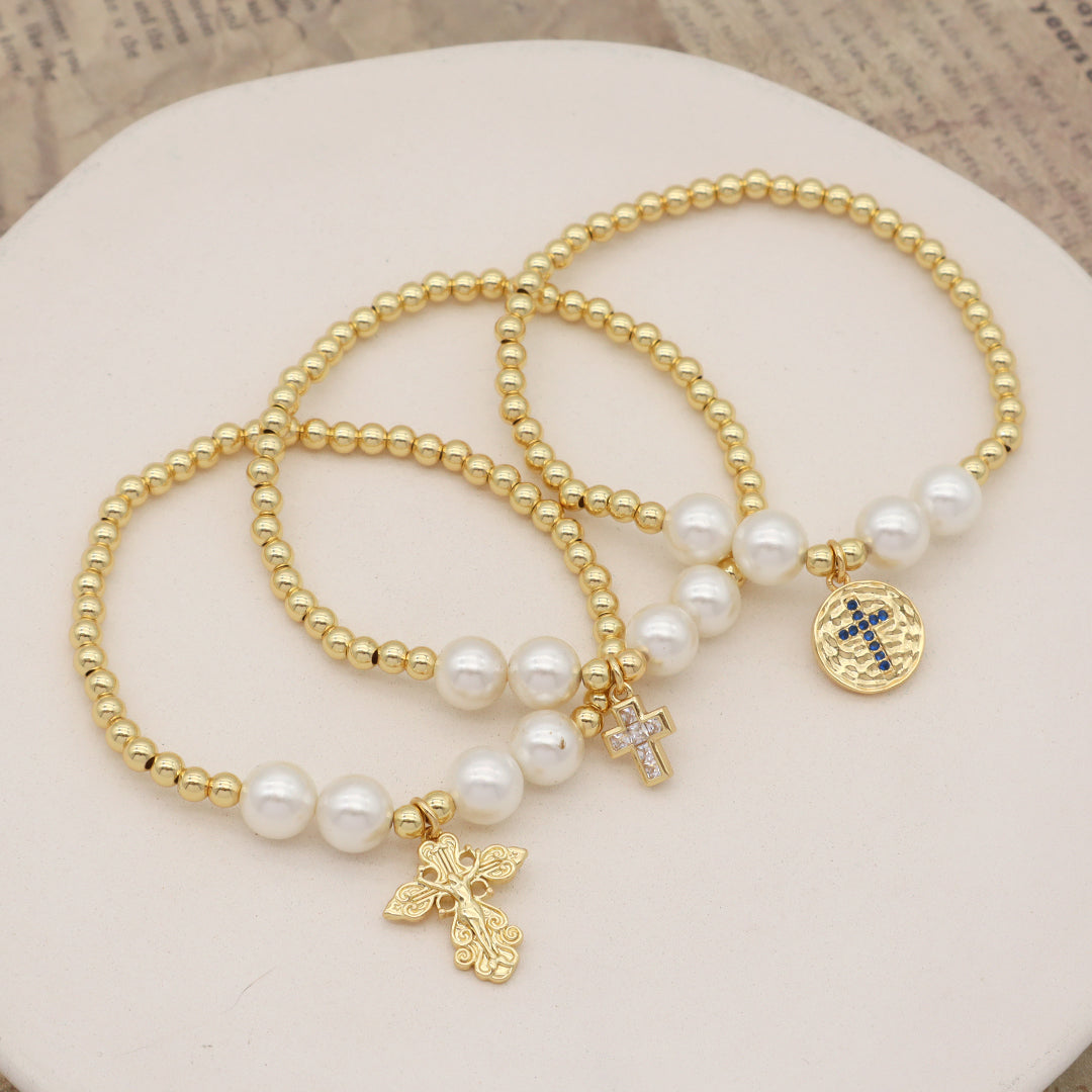 Factory Wholesale Customized Women Gift Handmade 8mm Pearl Micro Pave CZ Cross Charm Gold Plated 4mm Beaded Cross bracelet