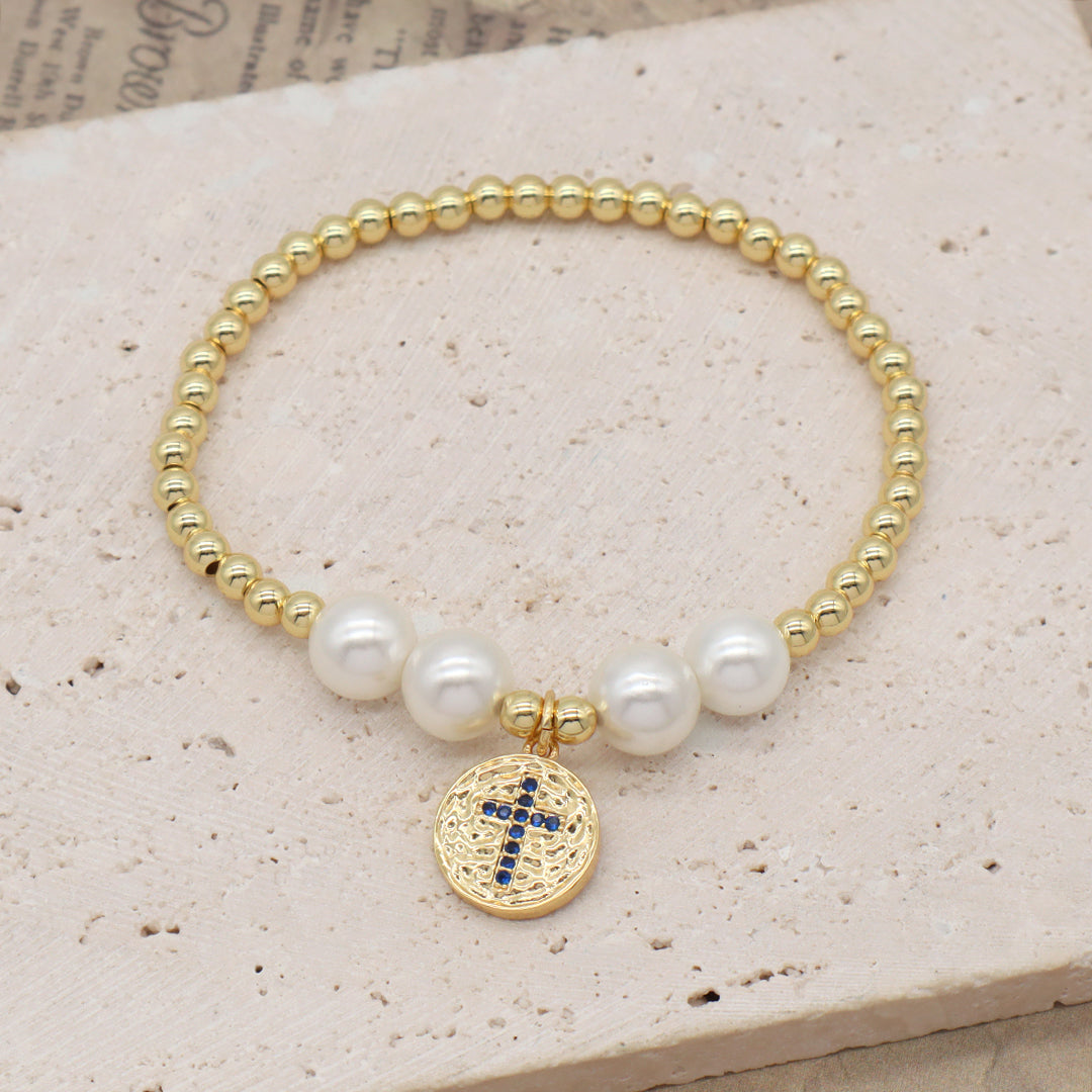 Factory Wholesale Customized Women Gift Handmade 8mm Pearl Micro Pave CZ Cross Charm Gold Plated 4mm Beaded Cross bracelet