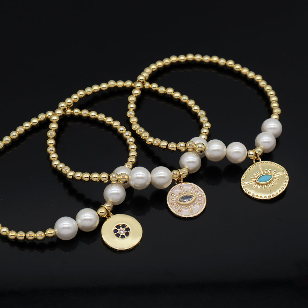 Custom Women Gift Wholesale OEM Handmade Pearl CZ Devil Eyes Charm Gold Plated 4mm Brass Beads Enamel Turkish Evil Eyes Bracelet