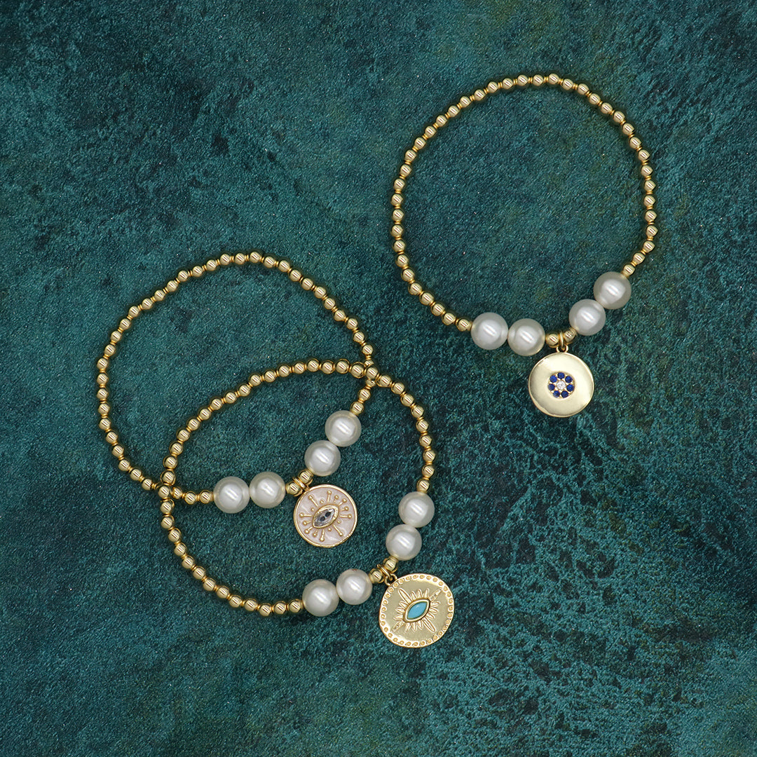 Custom Women Gift Wholesale OEM Handmade Pearl CZ Devil Eyes Charm Gold Plated 4mm Brass Beads Enamel Turkish Evil Eyes Bracelet