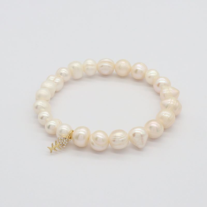 Custom Fashion Wholesale Factory Jewelry Handmade elastic CZ Sea Star Charm 7mm Natural Fresh Water Pearl Bracelet For Women