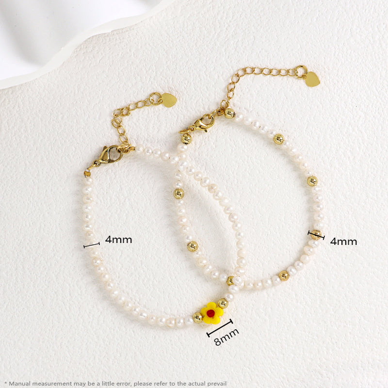 Fashion Custom OEM Wholesale Women Jewelry 4mm Gold Plated Brass Beads Ajustable Handmade Flower Charm Pearl Beads Bracelet