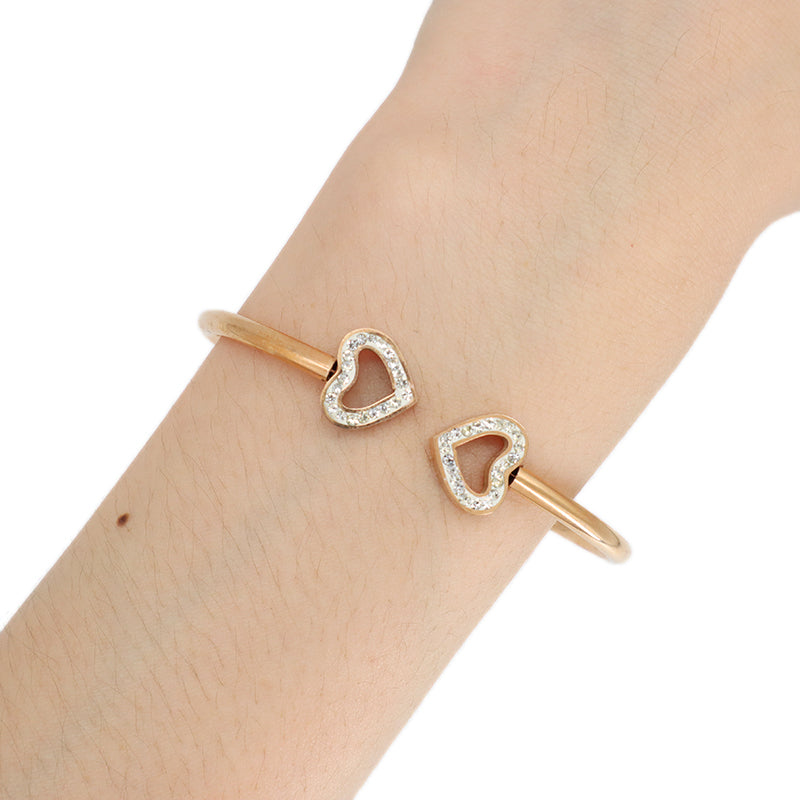 Good Quality Women Wholesale Customized Jewelry Open Rose Gold CZ Love Heart Charm Stainless Steel Expandable Bangle Bracelet