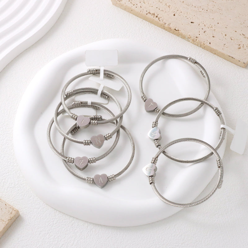 New Bulk Sale China Factory Custom Jewelry No Tarnish Initial Letter Heart Charm Stainless Steel Bangle Bracelet For Women