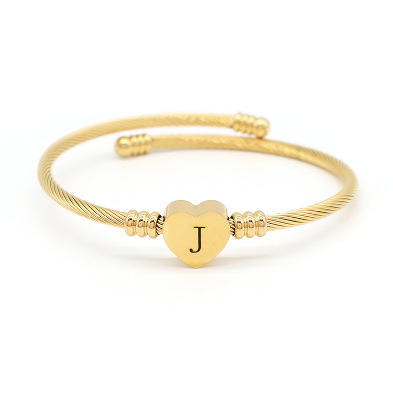 Wholesale Custom Factory Jewelry Gold Plated Initial Letter Heart Charm Stainless Steel Expandable Bangle Bracelet For Women
