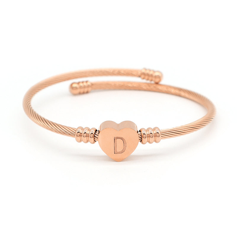 Women Wholesale Customized Jewelry Gold Plated Rose Gold Initial Letter Heart Charm Stainless Steel Expandable Bracelet Bangle