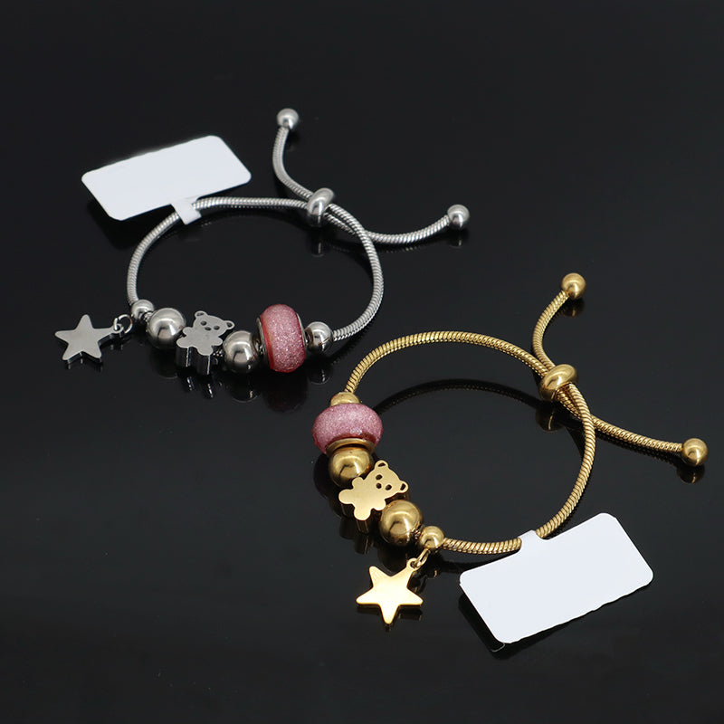 New Bulk Sale Customized China Factory Ajustable Gold Plated Stainless Steel Children Cuff Star Bear Charm Bracelet Bangle
