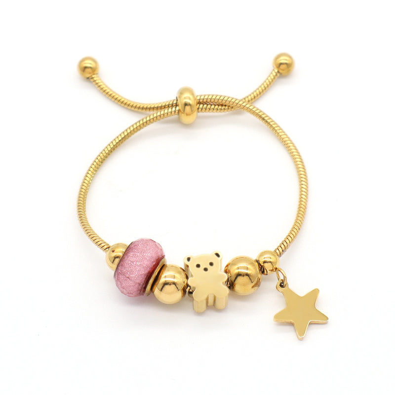New Bulk Sale Customized China Factory Ajustable Gold Plated Stainless Steel Children Cuff Star Bear Charm Bracelet Bangle