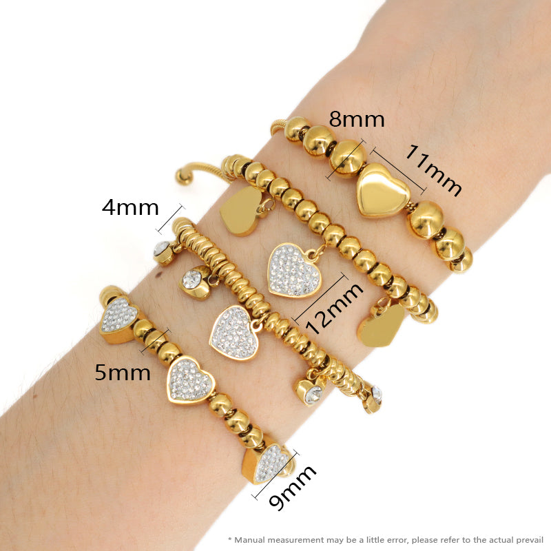Factory Wholesale Trendy Women Custom Ajustable Gold Plated Micro Pave CZ Love Heart Charm Stainless Steel Bracelet Bangle