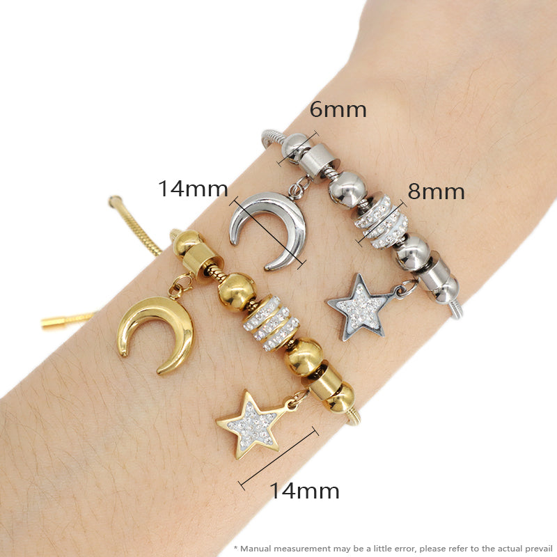 China Factory Wholesale Manufacture Fashionable New Arrival Custom Women Jewelry Ajustable Stainless Steel CZ Gold Plated Moon Star Charm Bangle Bracelet