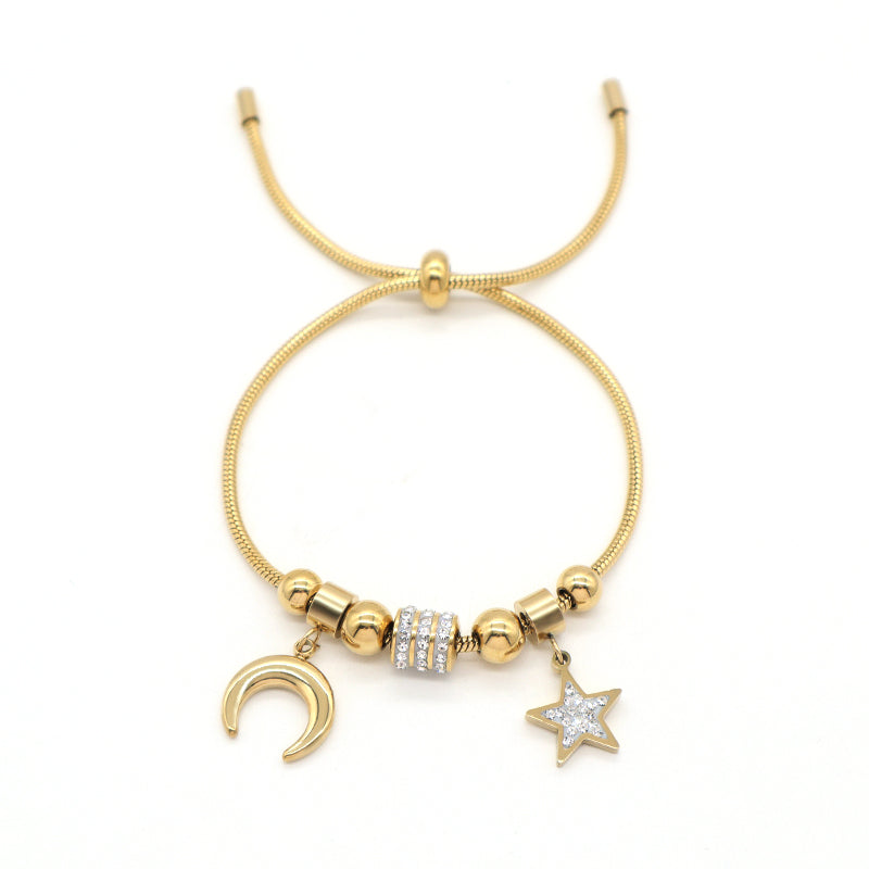 China Factory Wholesale Manufacture Fashionable New Arrival Custom Women Jewelry Ajustable Stainless Steel CZ Gold Plated Moon Star Charm Bangle Bracelet