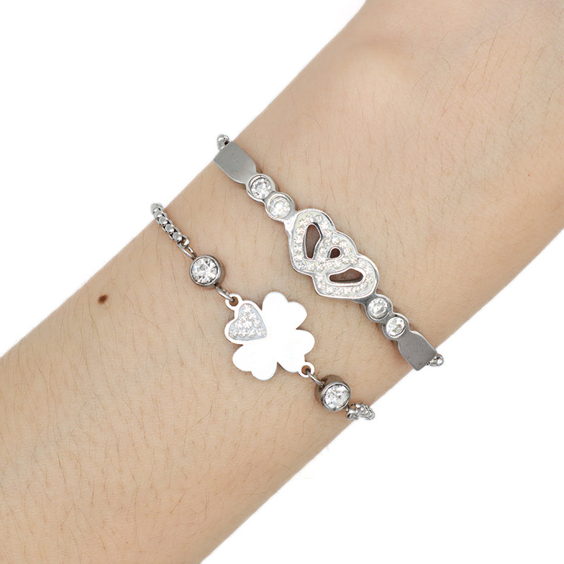 Hot Selling Wholesale Fashion Customized China Factory Manufacture Jewelry CZ No Tarnish Heart Flower Crown Charm Stainless Steel Cuff Bracelet Bangle For Women