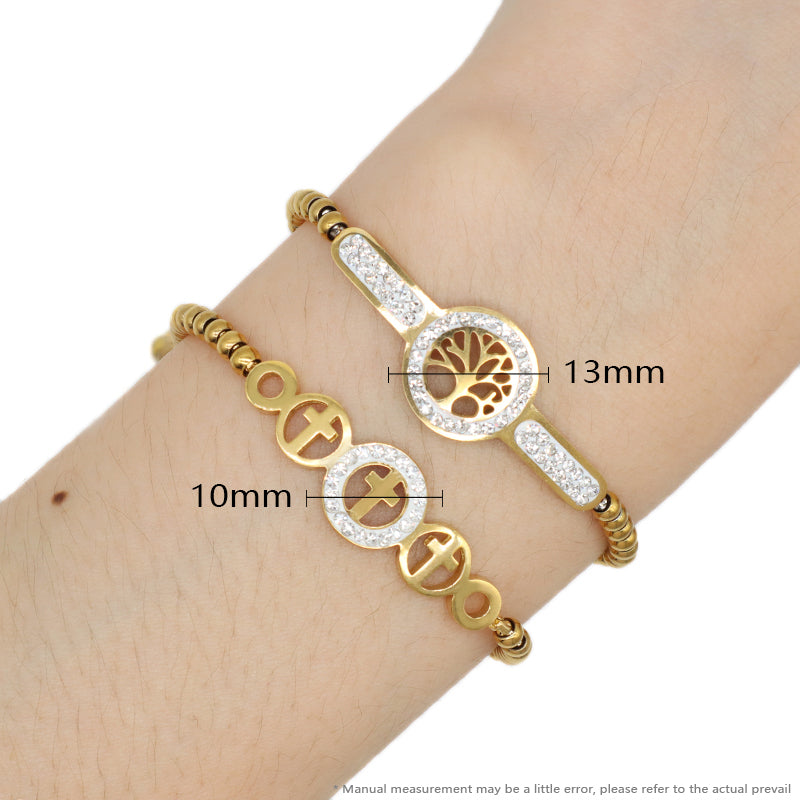 Manufacture Wholesale Fashionable Custom Factory Jewelry Women CZ Gold Plated Life Tree Cross Charm Stainless Steel Cuff Bangle Bracelet For Gift