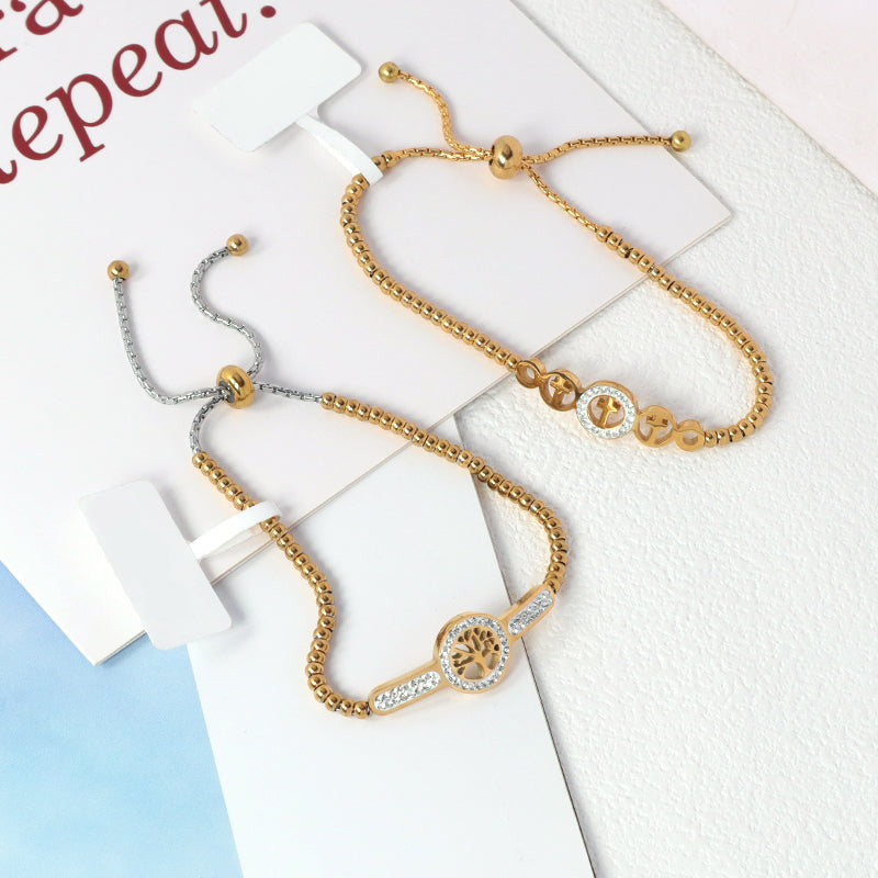 Manufacture Wholesale Fashionable Custom Factory Jewelry Women CZ Gold Plated Life Tree Cross Charm Stainless Steel Cuff Bangle Bracelet For Gift