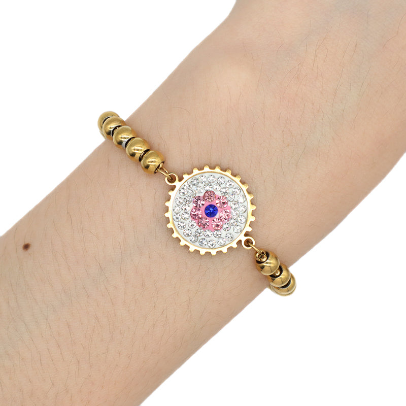 Customized Wholesale China Factory Manufacture Fashionable Women Devil Eyes Charm Jewelry Gift Ajustable Gold Plated Stainless Steel CZ Pink Evil Eyes Bracelet Bangle