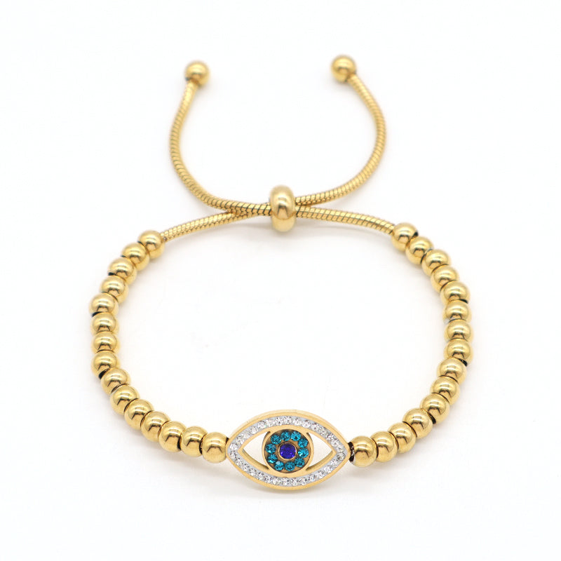 Customized Wholesale China Factory Manufacture Fashionable Women Devil Eyes Charm Jewelry Gift Ajustable Gold Plated Stainless Steel CZ Pink Evil Eyes Bracelet Bangle