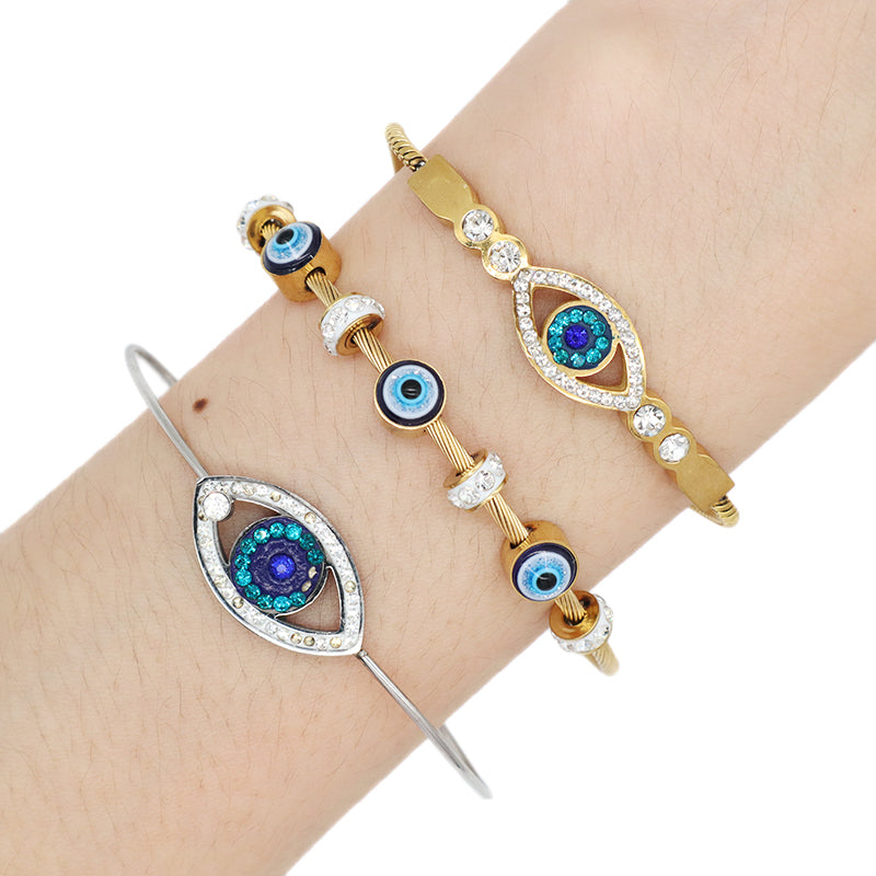 Fashionable New Customized Wholesale China Factory Manufacture Women Devil Eyes Charm Jewelry Ajustable Gold Plated Stainless Steel CZ Blue Evil Eyes Bracelet Bangle For Gift