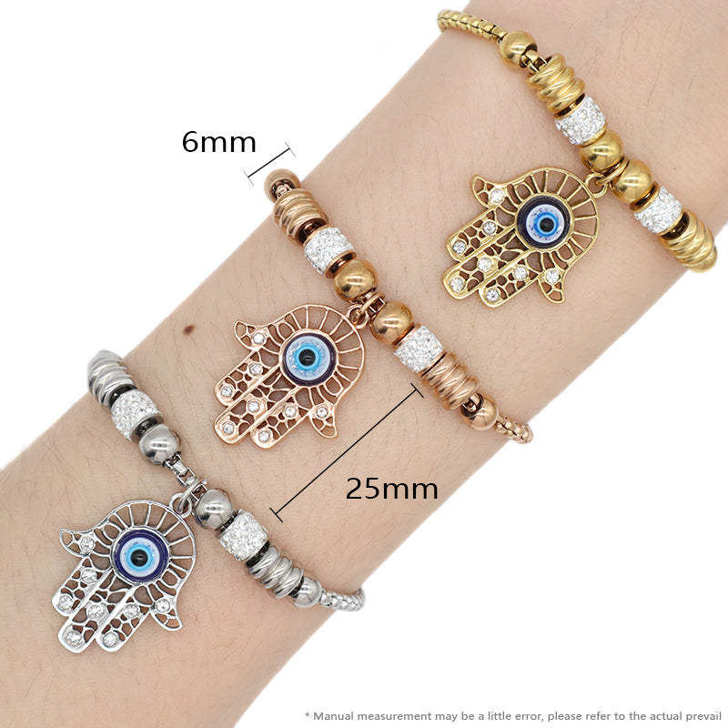 Manufacture Fashionable Customized Wholesale China Factory Women Devil Eyes Charm Bangle Jewelry Gift Ajustable Gold Plated Rose Gold Stainless Steel CZ Blue Evil Eyes Hand Bracelet