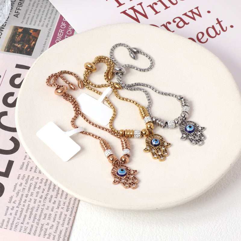 Manufacture Fashionable Customized Wholesale China Factory Women Devil Eyes Charm Bangle Jewelry Gift Ajustable Gold Plated Rose Gold Stainless Steel CZ Blue Evil Eyes Hand Bracelet