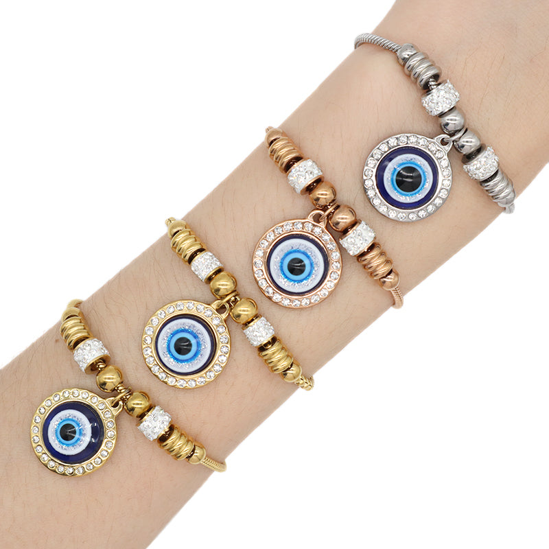 Newest Fashionable Customized Wholesale China Factory Manufacture Women Devil Eyes Charm Jewelry Gift Bangle Ajustable Gold Plated Stainless Steel CZ Turkish Round Blue Evil Eyes Bracelet