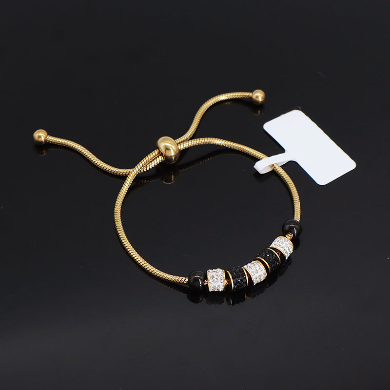 Customized Wholesale Fashionable Factory Newest Women Jewelry Ajustable Stainless Steel Gold Plated Black White CZ Beads Charm Bracelet Bangle