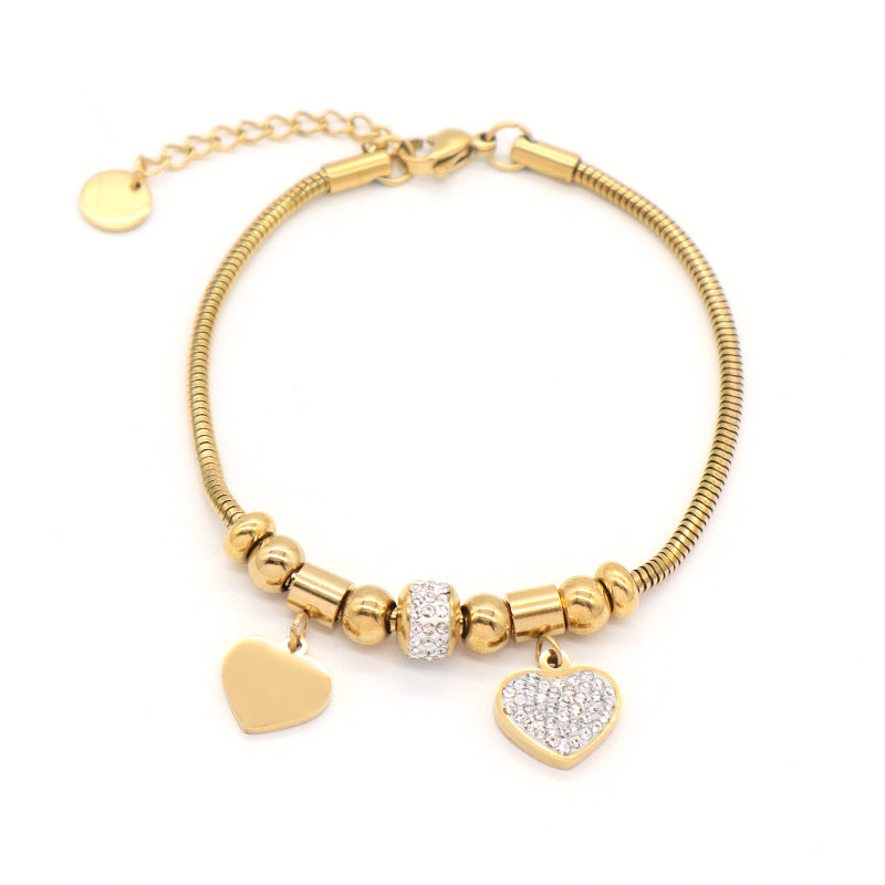 New Arrival Women Jewelry Fashionable China Factory Wholesale Custom Ajustable Gold Plated Stainless Steel CZ Love Heart Charm Bracelet Bangle