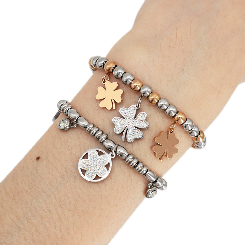Newest Wholesale 2023 Fashionable Factory Custom Women Jewelry Ajustable Stainless Steel Gold Plated Four Leaf Clover Flower leaf CZ Charm Bangle Bracelet