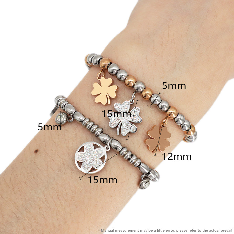 Newest Wholesale 2023 Fashionable Factory Custom Women Jewelry Ajustable Stainless Steel Gold Plated Four Leaf Clover Flower leaf CZ Charm Bangle Bracelet