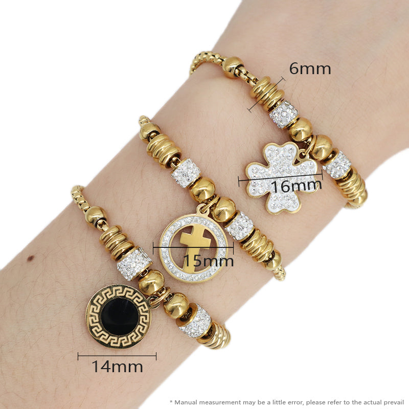 Newest 2023 Manufacture Fashion Factory Wholesale Custom Jewelry Stainless Steel Gold Plated Ajustable CZ Round Cross Flower Charm Bracelet Bangle For Women Gift