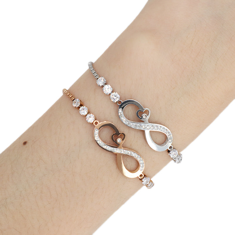 Hot Selling Wholesale New Manufacture Fashion Factory Custom Jewelry Women Ajustable Stainless Steel Rose Gold CZ Heart Infinite Charm Bracelet Bangle For Gift