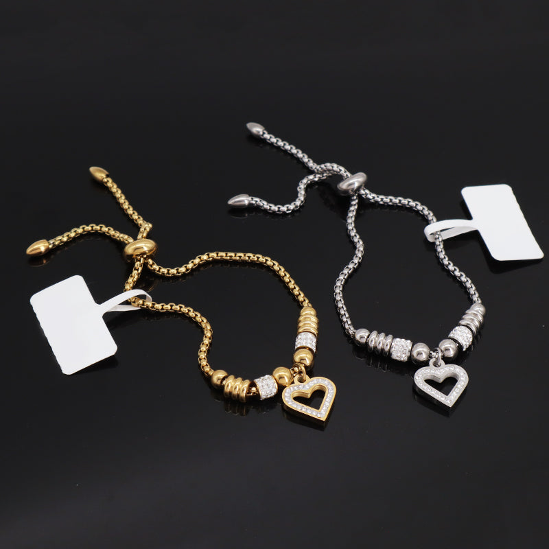 Newest Custom Wholesale Fashion China Factory Women Heart Charm Bracelet Jewelry Ajustable CZ Gold Plated Stainless Steel Heart Bangle