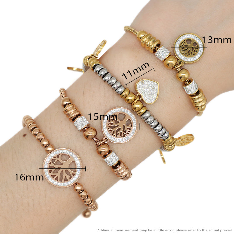 Variouis Wholesale Fashionable Custom Manufacture China Factory Lift Tree Charm Bracelet Jewelry Ajustable CZ Women Gift Gold Plated Rose Gold Love Heart Stainless Steel Cuff Bangle