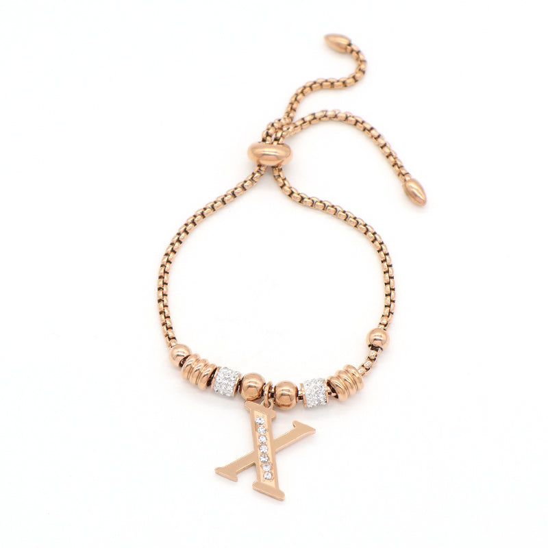 Fashion Design Manufacture Custom Factory New Wholesale Trendy Women Initial Letter Charm Bracelet Jewelry Ajustable Stainless Steel CZ Rose Gold Plated Initial Letter Bangle