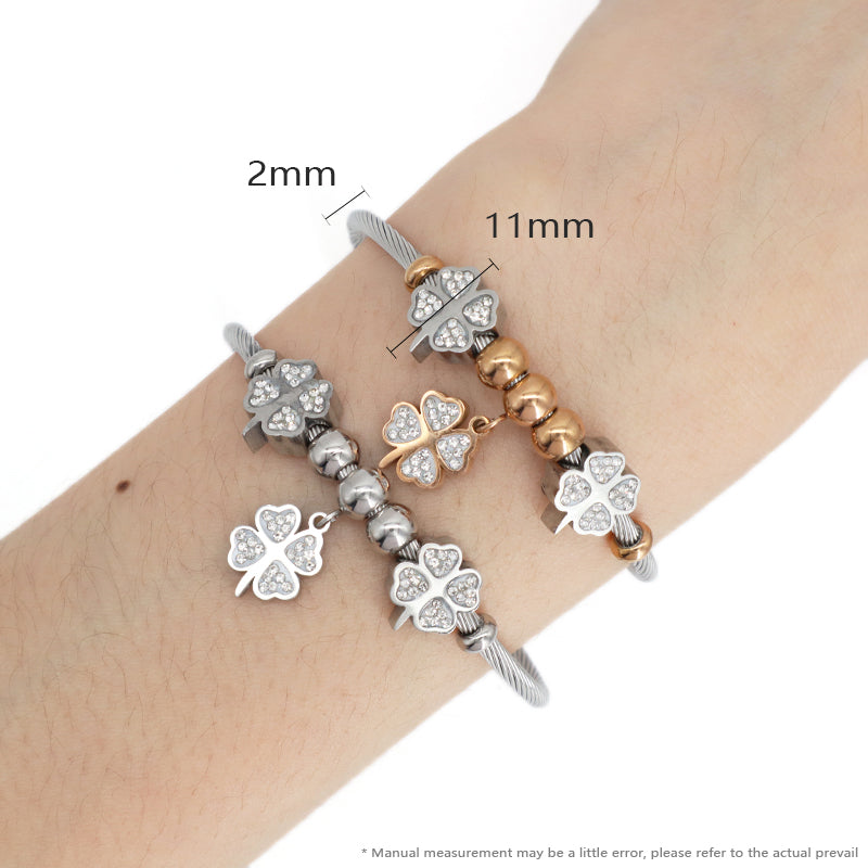 Manufacture Wholesale Custom China Factory Ajustable CZ Four-Leaf Clover Charm No Tarnish Stainless Steel Bracelet Bangle For Women